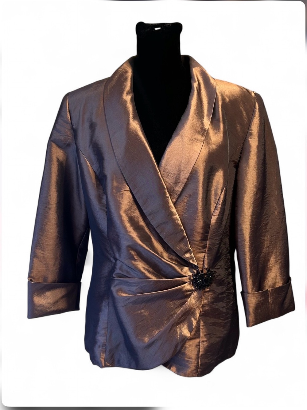 ALEX EVENINGS Metallic Bronze Shawl-Collar Blazer L, Brooch Accent Shoulder Pad.